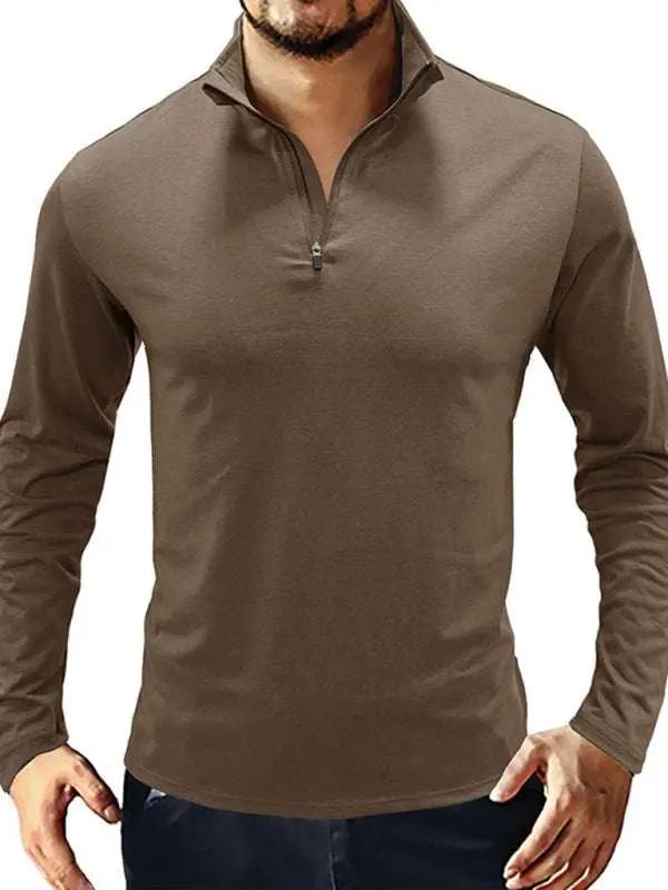 Tops - Men's Stylish Long Sleeve Zip Polo Shirt with Stand Collar - Ve - Tops | MENLL